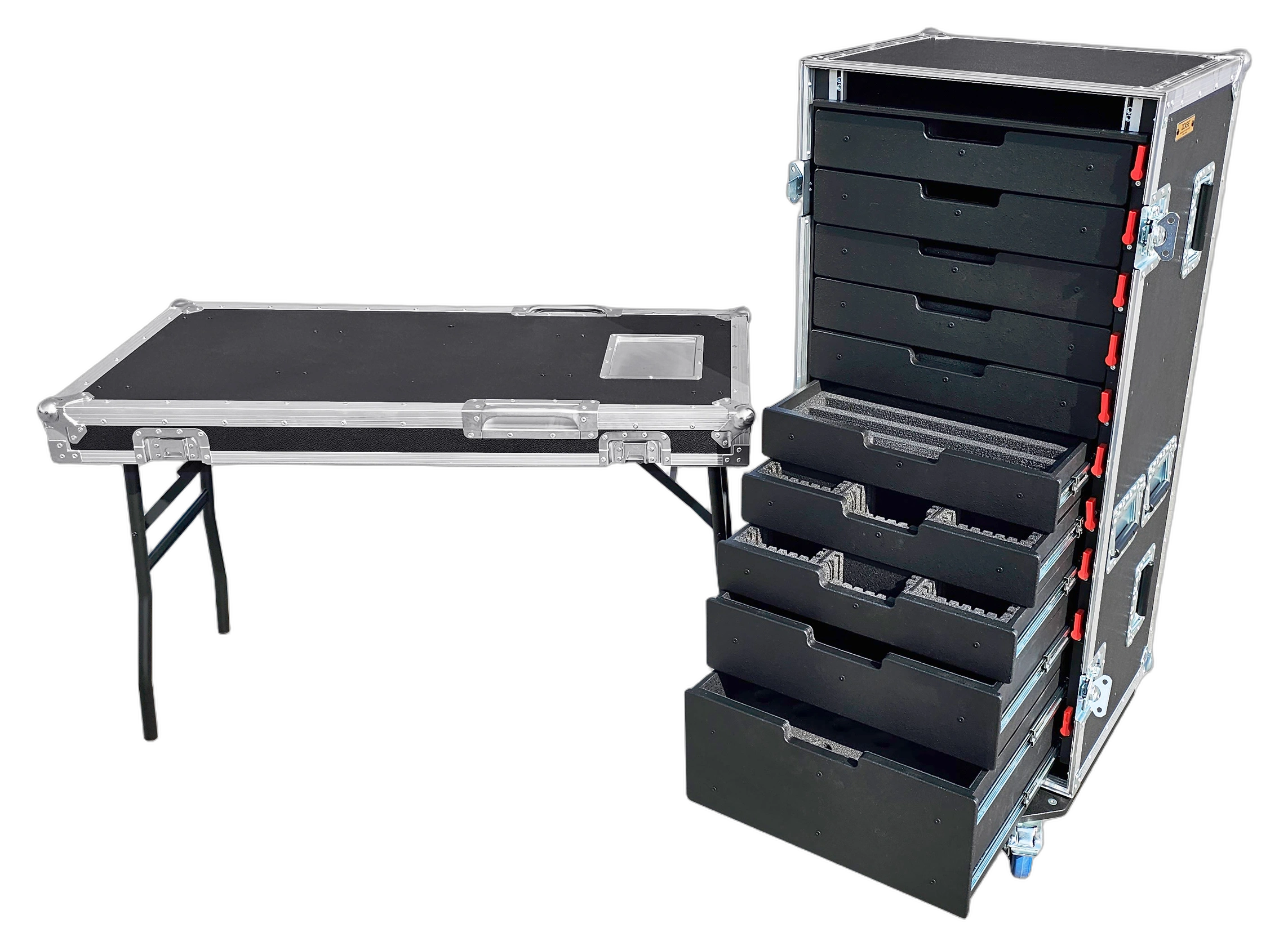 ProX ATA Style 10 Rolling Utility Drawer Flight Case ProX ATA style 10 rolling utility drawer locking tool chest organizer flight case with folding table and casters