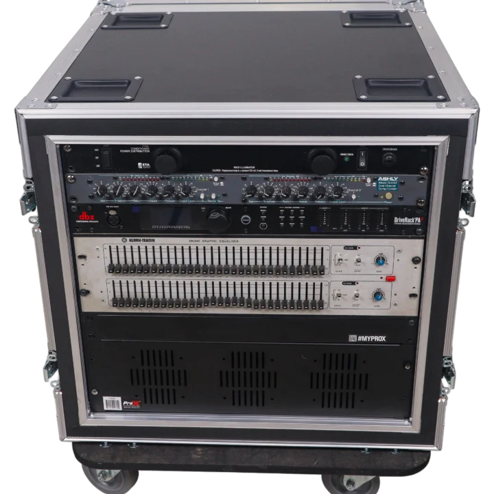 ProX ATA style 10U shockproof amp rack mount case showing heavy-duty caster wheel detail