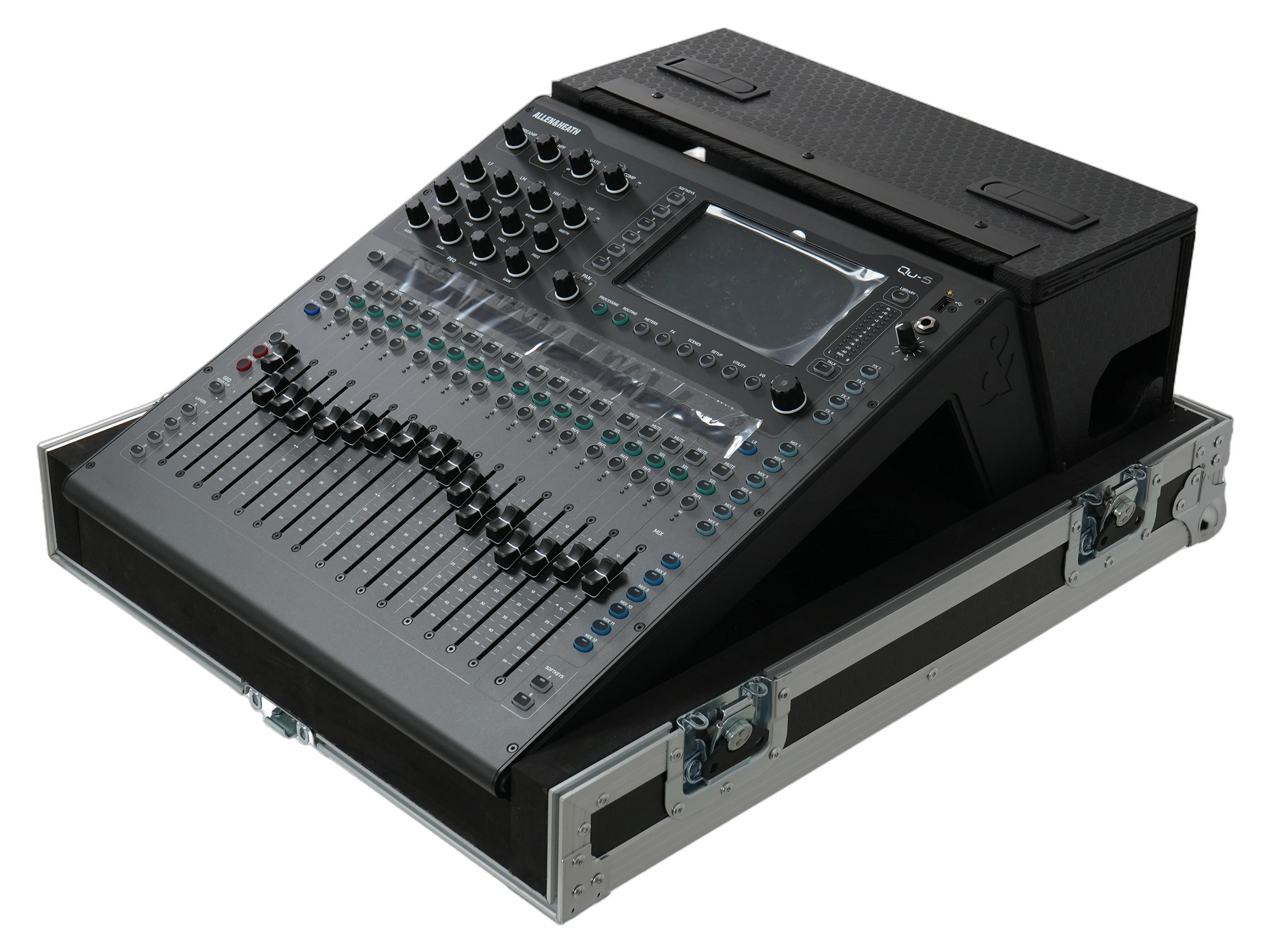 ProX ATA Flight Case Allen Heath QU5 Mixer ProX ATA flight case for Allen & Heath QU5 digital audio mixer console with doghouse compartment and caster wheels