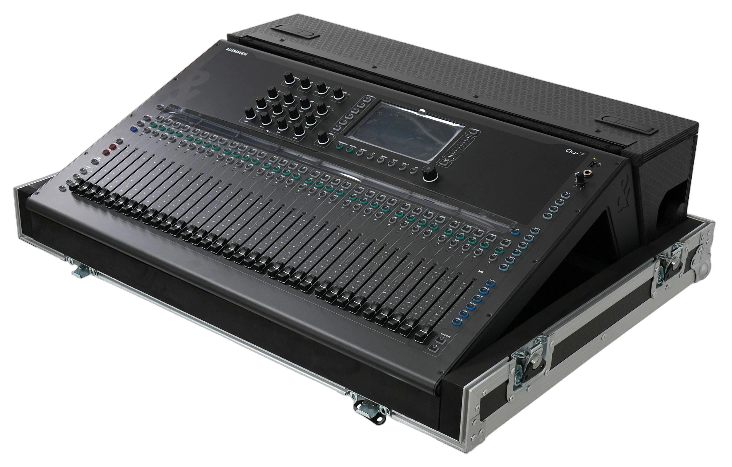 ProX ATA Flight Case Allen Heath QU7 Mixer ProX ATA flight case for Allen & Heath QU7 digital audio mixer console with doghouse compartment and caster wheels