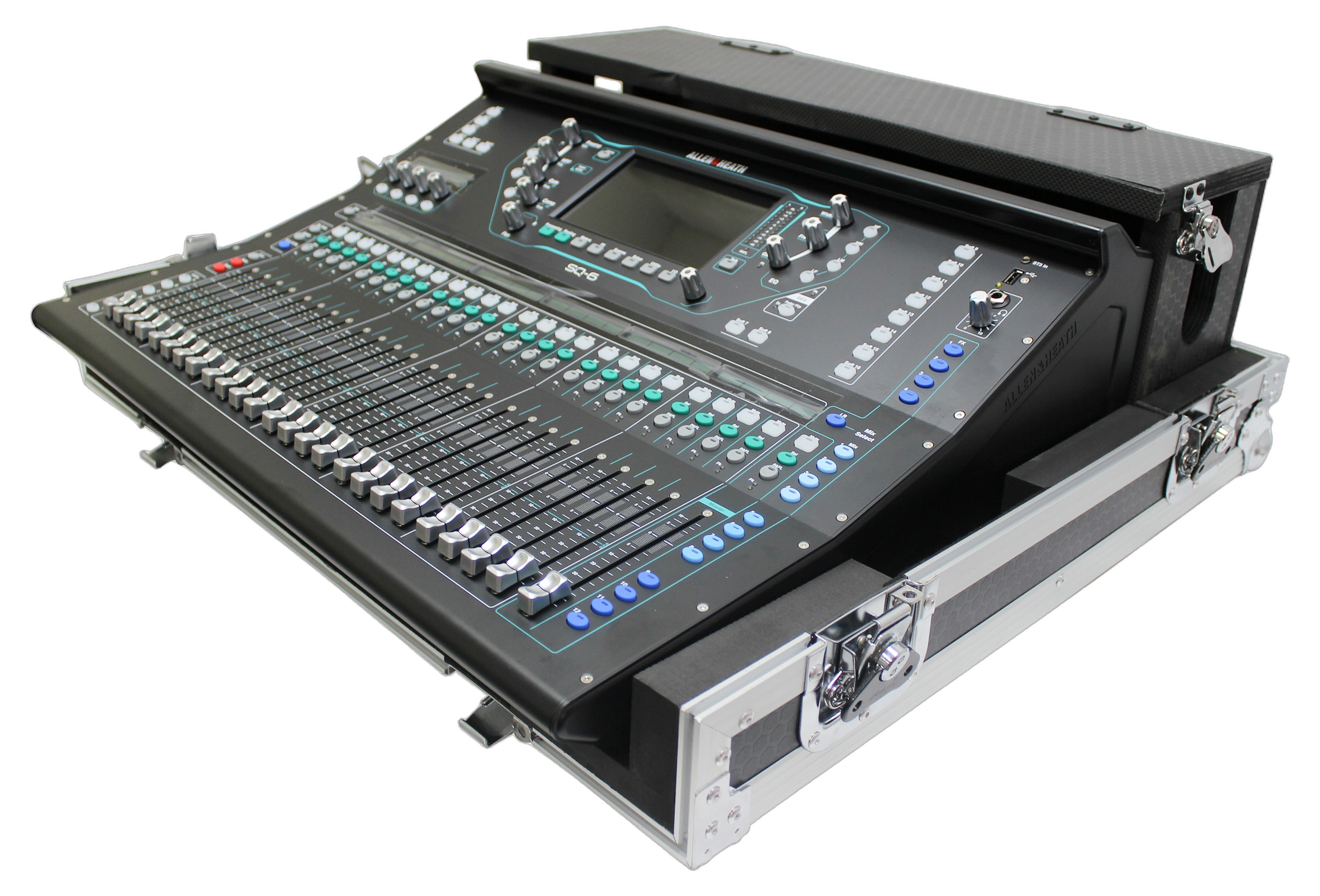 ProX ATA Flight Case Allen Heath SQ5 Mixer ProX ATA digital audio mixer flight case for Allen & Heath SQ5 console with doghouse compartment and caster wheels
