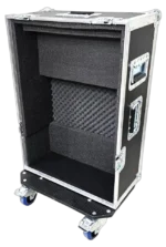 ProX ATA flight case with Behringer WING compact mixer console loaded inside, showing doghouse compartment and caster wheels