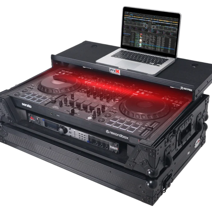 ProX ATA flight case for Pioneer DDJ-FLX10 mixer with laptop shelf, wheels, and LED lighting, black finish