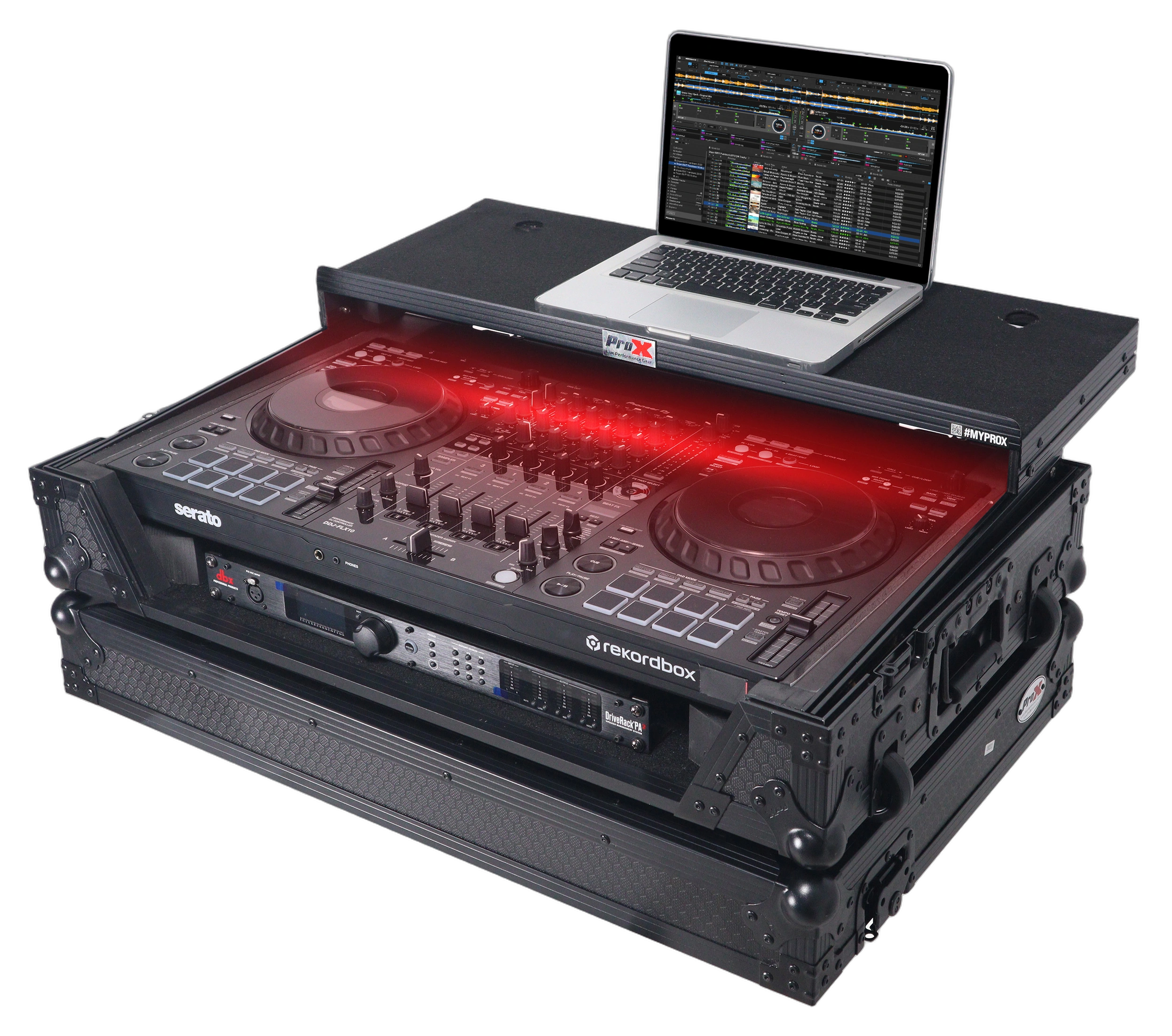 ProX ATA Flight Case Pioneer DDJ-FLX10 Front View ProX ATA flight case for Pioneer DDJ-FLX10 mixer with laptop shelf, wheels, and LED lighting, black finish