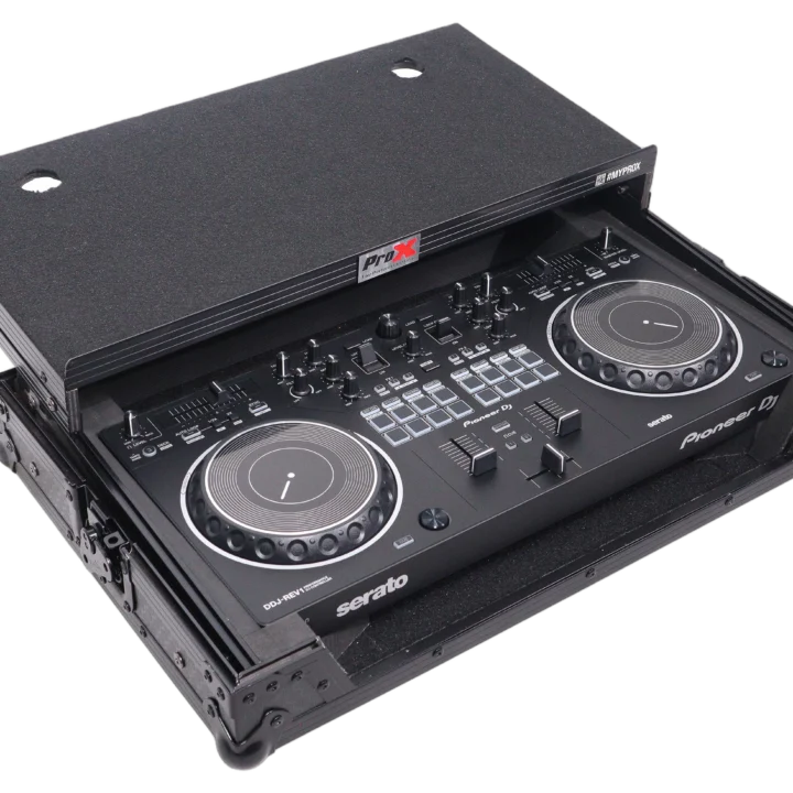 ProX ATA flight case for Pioneer DDJ-REV1 DJ controller showing laptop shelf and latch detail