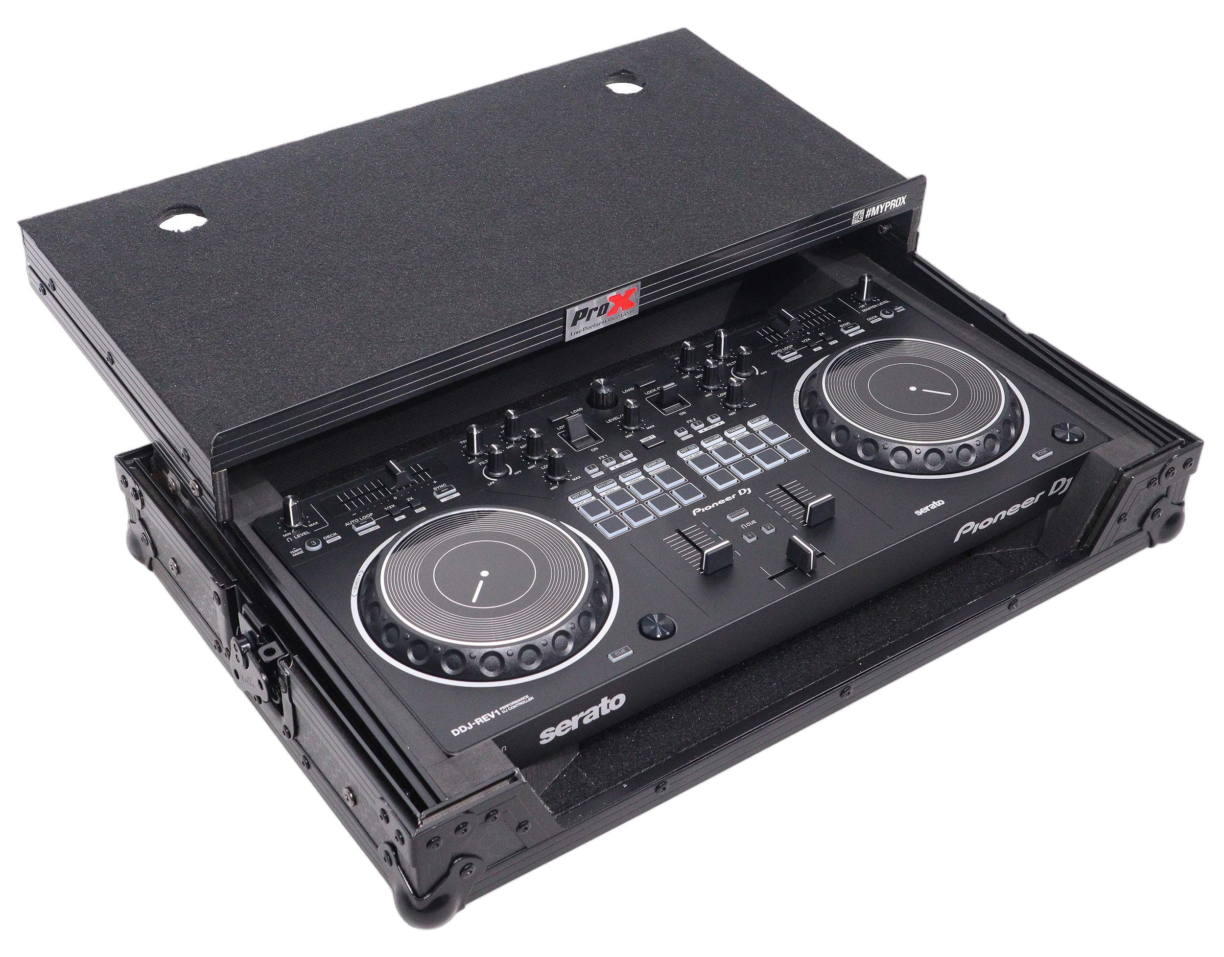 ProX ATA Flight Case Pioneer DDJ-REV1 Controller Detail ProX ATA flight case for Pioneer DDJ-REV1 DJ controller showing laptop shelf and latch detail