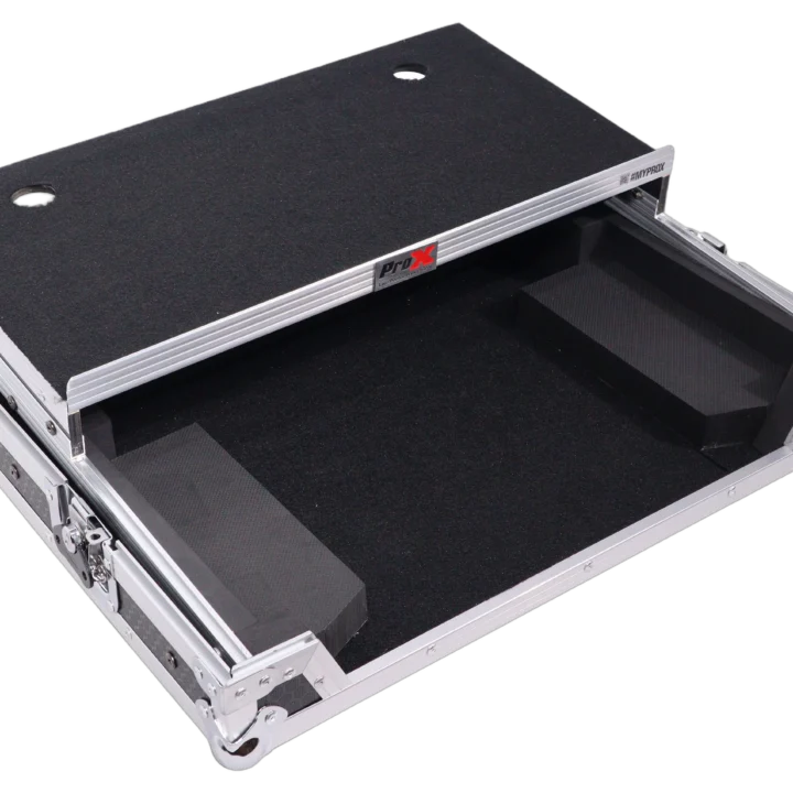ProX ATA flight case for Pioneer DDJ-REV1 DJ controller with integrated laptop shelf in professional studio setup