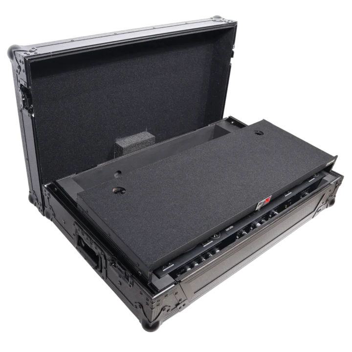 ProX ATA style flight case for Pioneer DDJ-REV7 DJ controller, side profile showing wheels and rackspace