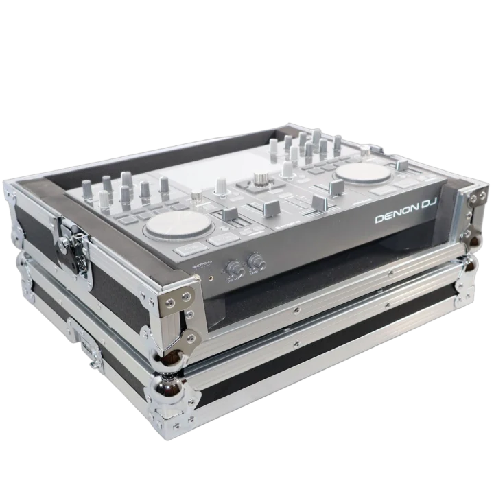 ProX ATA style flight case for Denon DJ Prime Go digital controller, silver and black finish, front view