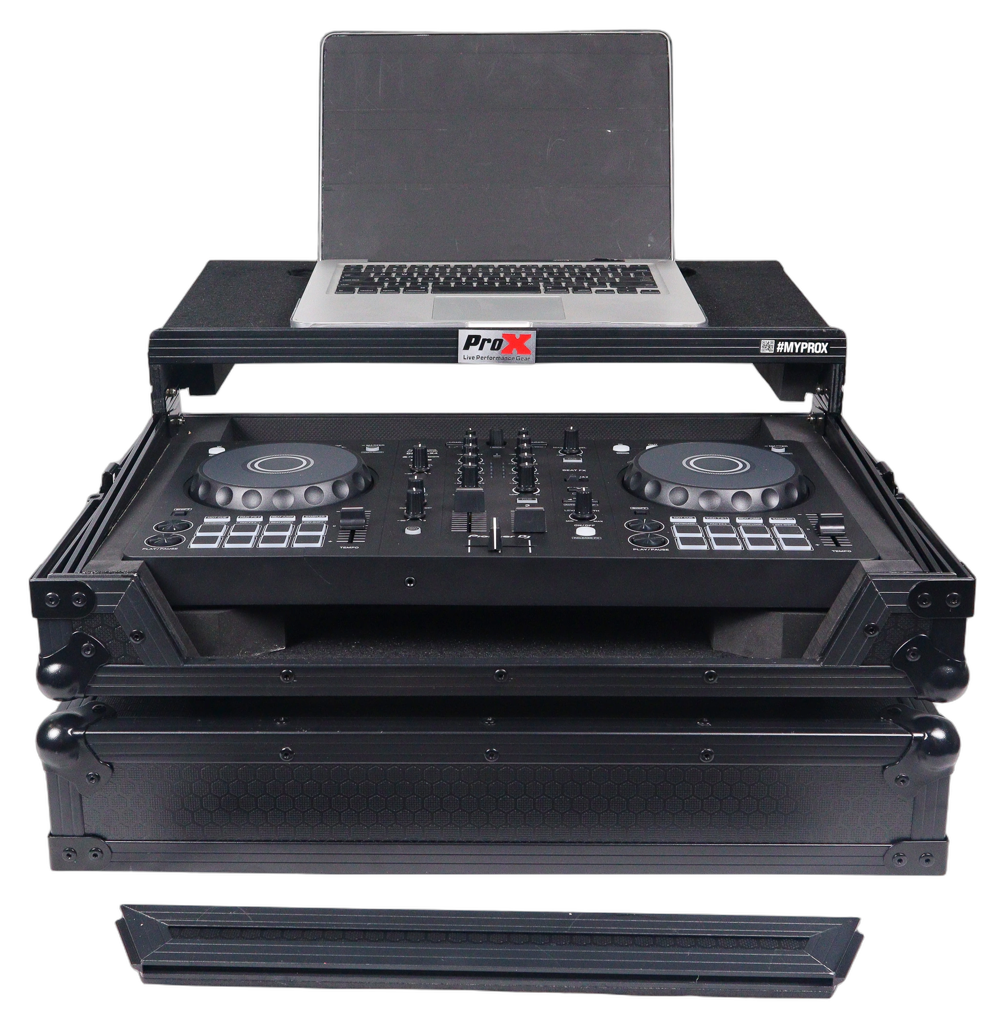 ProX ATA Flight Case Pioneer DDJ-FLX4 Controller Laptop Shelf ProX ATA flight case for Pioneer DDJ-FLX4 DJ controller with integrated laptop shelf and black finish