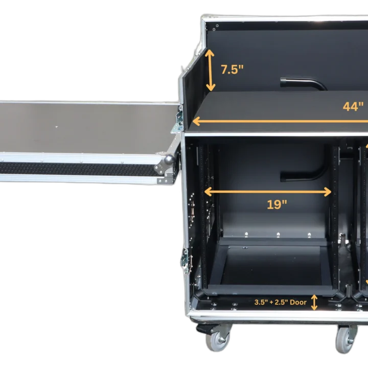 ProX ATA flight case with dual 12U shock mount racks and side tables for mixing console
