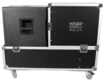 ProX ATA flight case rear panel with dual speaker and subwoofer compartments, handles and latches visible