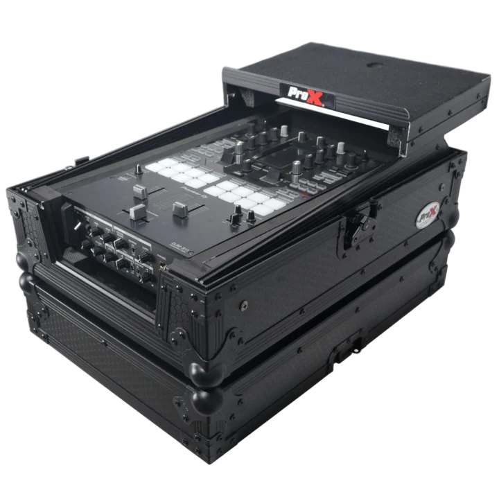ProX ATA flight case with sliding laptop shelf installed, showing mixer equipment storage configuration