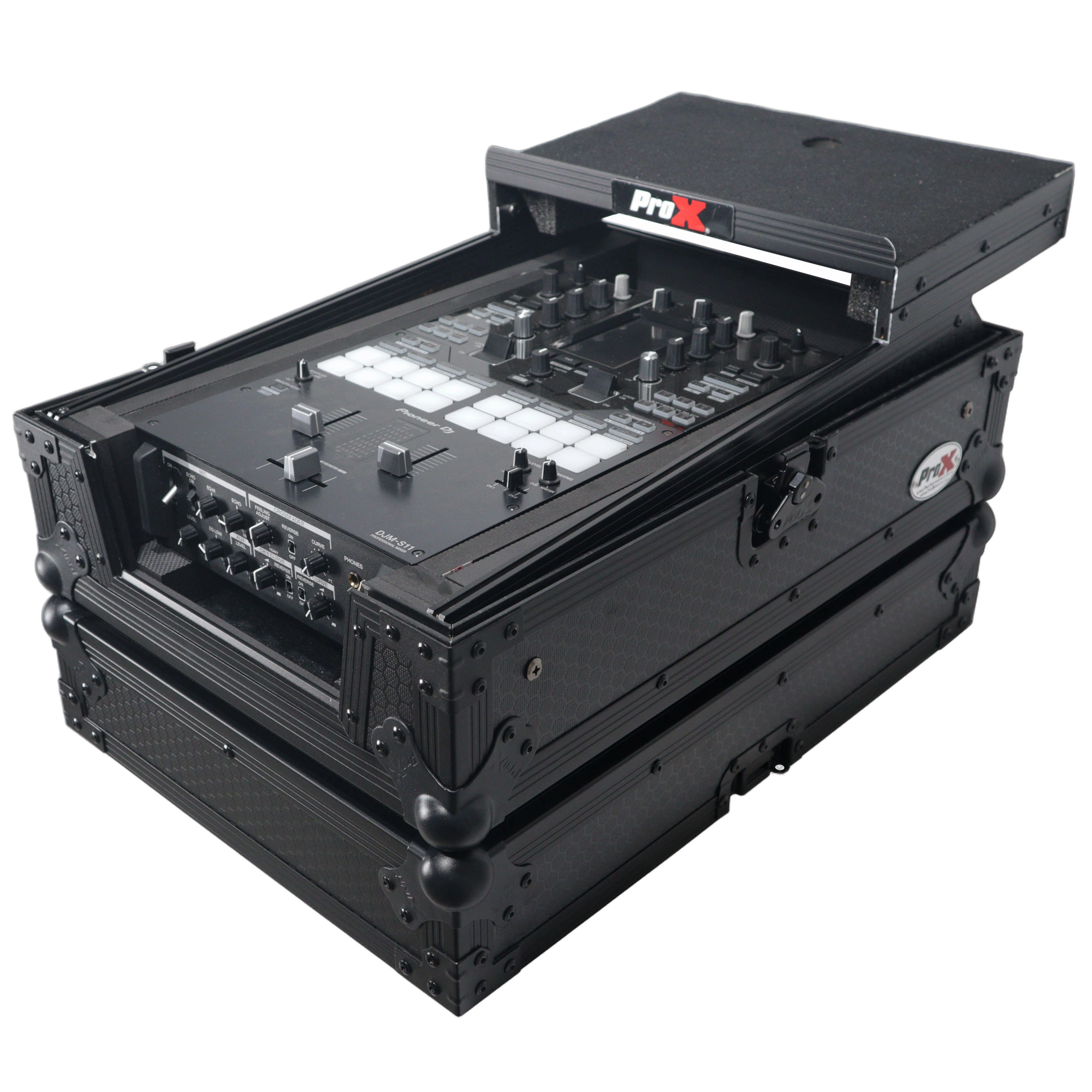 ProX ATA Flight Case Laptop Shelf Application Setup ProX ATA flight case with sliding laptop shelf installed, showing mixer equipment storage configuration