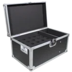 ProX ATA flight case interior showing foam-lined compartments for twenty microphones with additional storage space