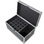ProX ATA flight case interior showing organized microphone storage compartments and additional equipment storage space