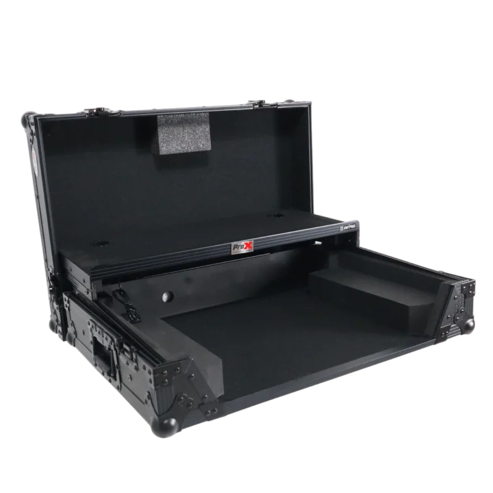 ProX ATA flight case for Mixon 8 Pro mixer featuring integrated laptop shelf and LED lighting detail
