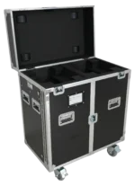 ProX ATA flight case for two large moving head lighting fixtures with dimensional diagram and caster specifications