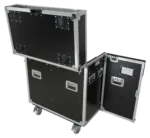 ProX ATA flight case for two large moving head lighting fixtures with dimensional diagram and caster specifications