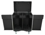 ProX ATA flight case with dual moving head lighting fixtures mounted inside, heavy-duty casters visible
