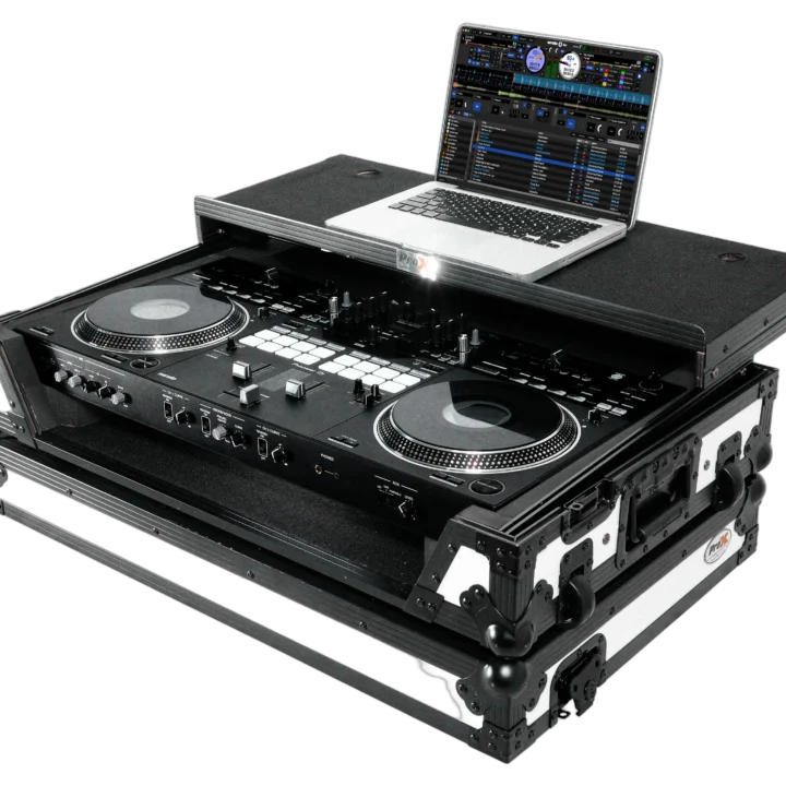 ProX ATA flight case for Pioneer DDJ-REV7 DJ controller with laptop shelf and wheels, white and black