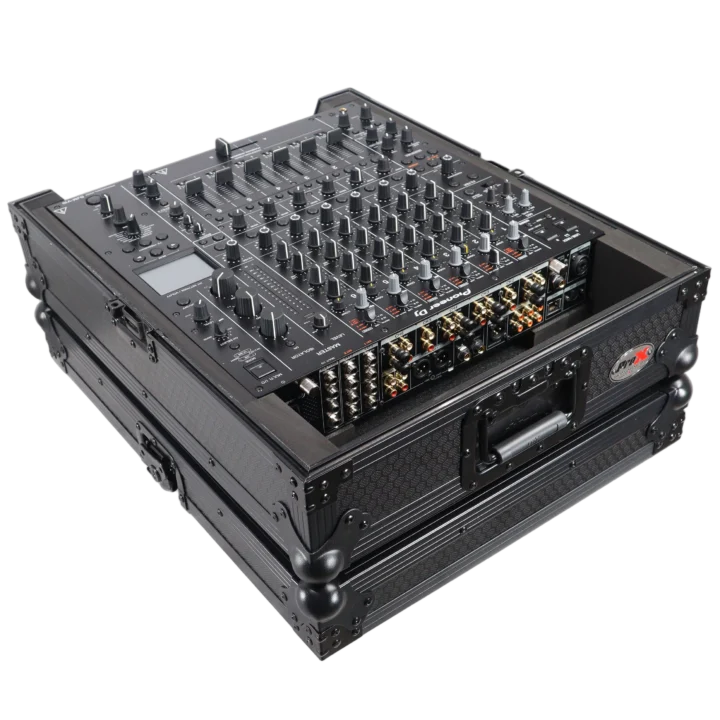 ProX ATA style flight case for Pioneer DJM-A9 and DJM V10 DJ mixer, black finish, detail view