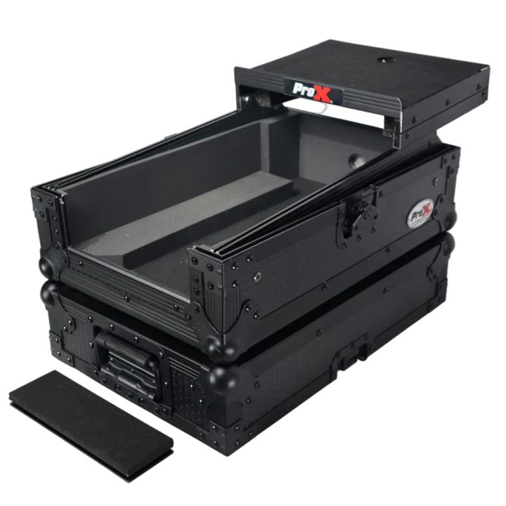 ProX ATA flight case for Pioneer DJM-S7 and DJM-S9 DJ mixer with integrated laptop shelf, black finish front view