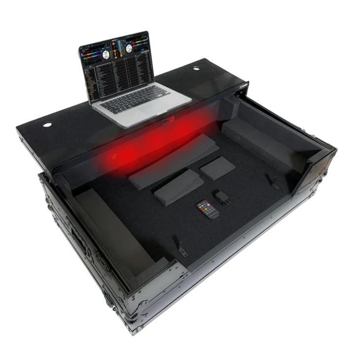 ProX ATA flight case for Pioneer XDJ-AZ DJ controller with laptop shelf, wheels, and LED lighting