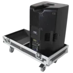 ProX ATA style flight case for dual QSC K12 speakers, showing protective interior padding and hardware details