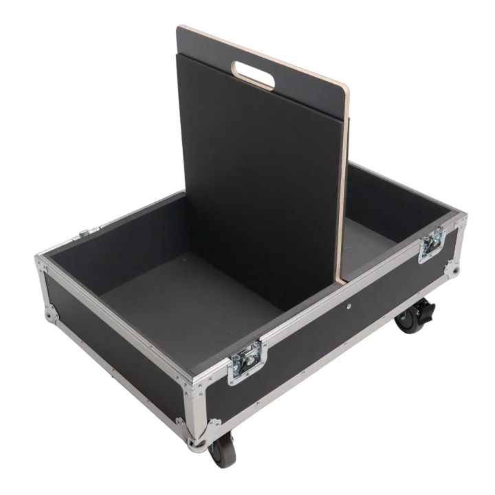 ProX ATA flight case for QSC KC12 subwoofer showing reinforced corner hardware and latch details
