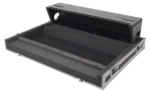 ProX ATA flight case for Allen & Heath QU7 digital audio mixer with dimensional diagram showing doghouse compartment and caster wheels
