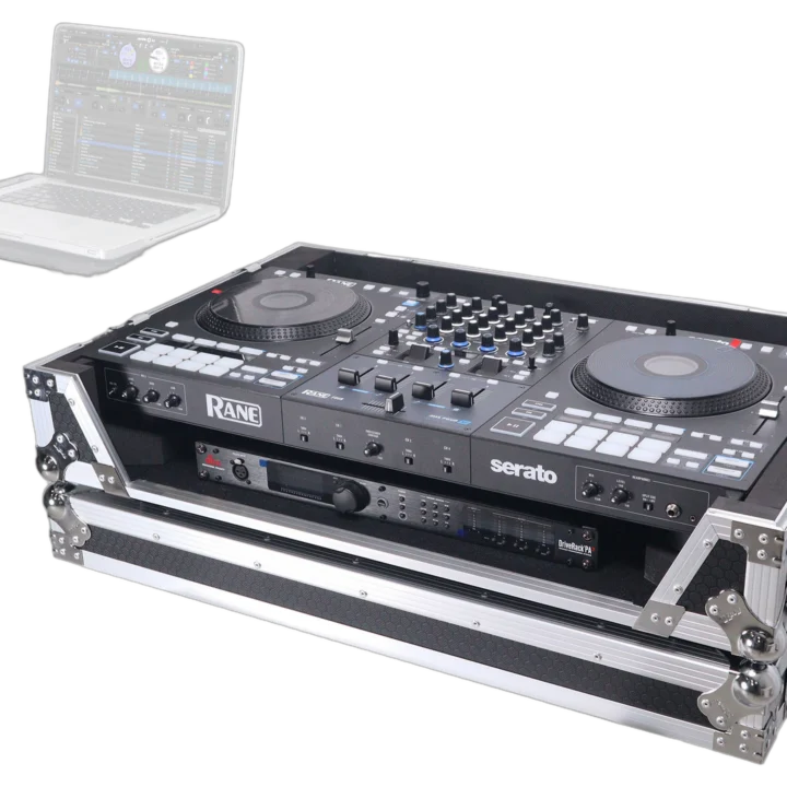 ProX ATA flight case for RANE Four DJ controller showing rear panel with rack space and cable management
