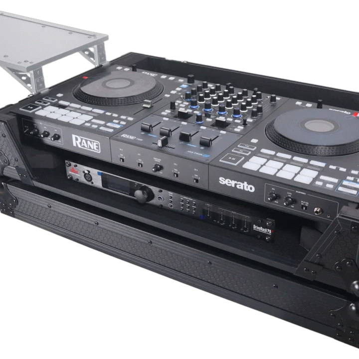 ProX ATA flight case for RANE Four DJ controller with wheels and 1U rack space, side profile view