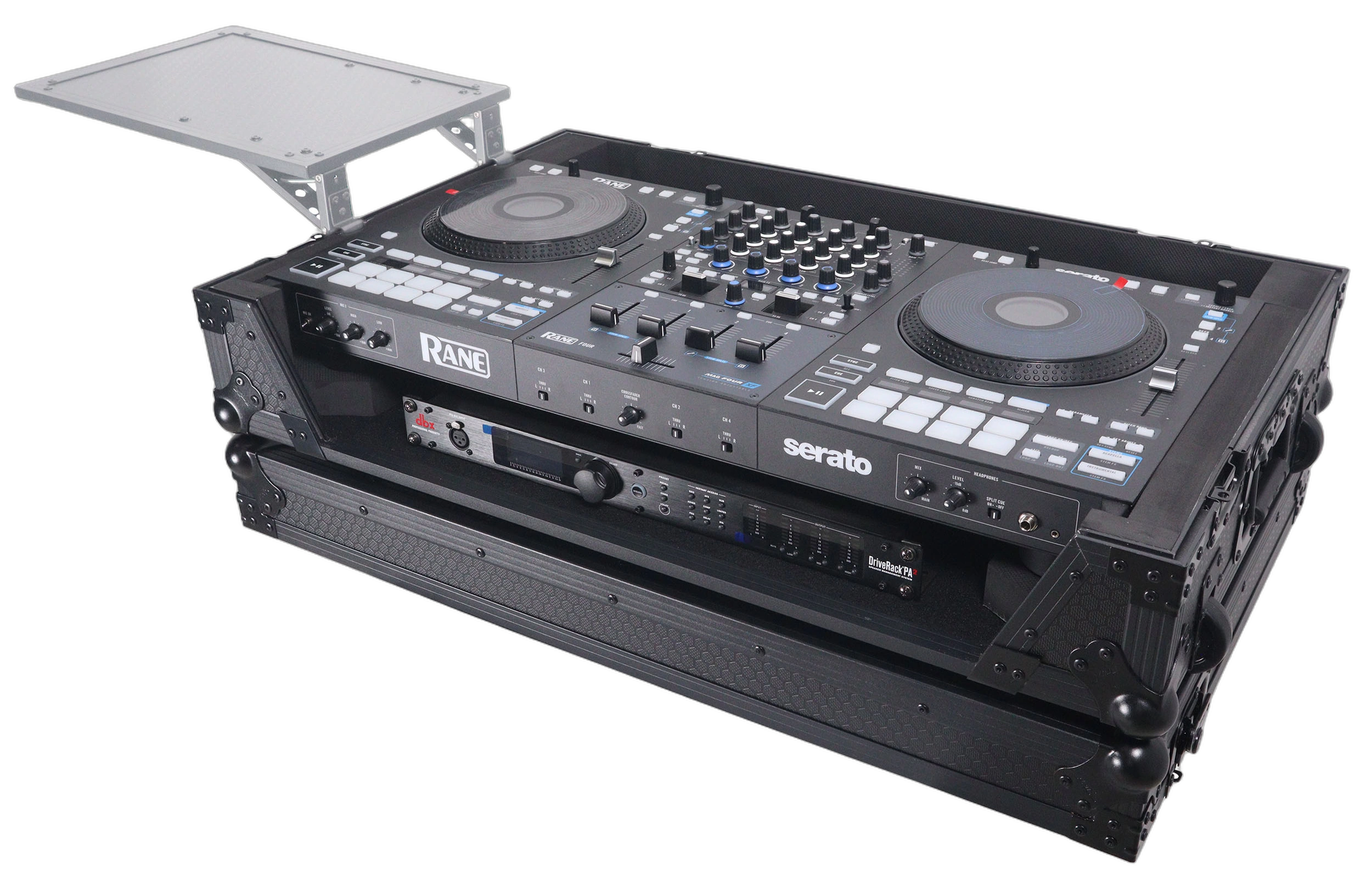 ProX ATA Flight Case RANE Four DJ Controller Side View ProX ATA flight case for RANE Four DJ controller with wheels and 1U rack space, side profile view