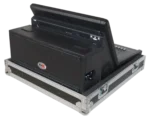 ProX ATA flight case for Waves eMotion LV1 digital audio mixer console, side profile showing caster wheels and doghouse compartment