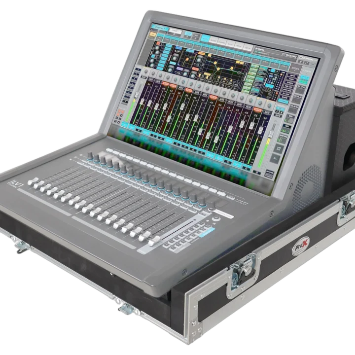 ProX ATA flight case for Waves eMotion LV1 digital audio mixer console with doghouse compartment and caster wheels