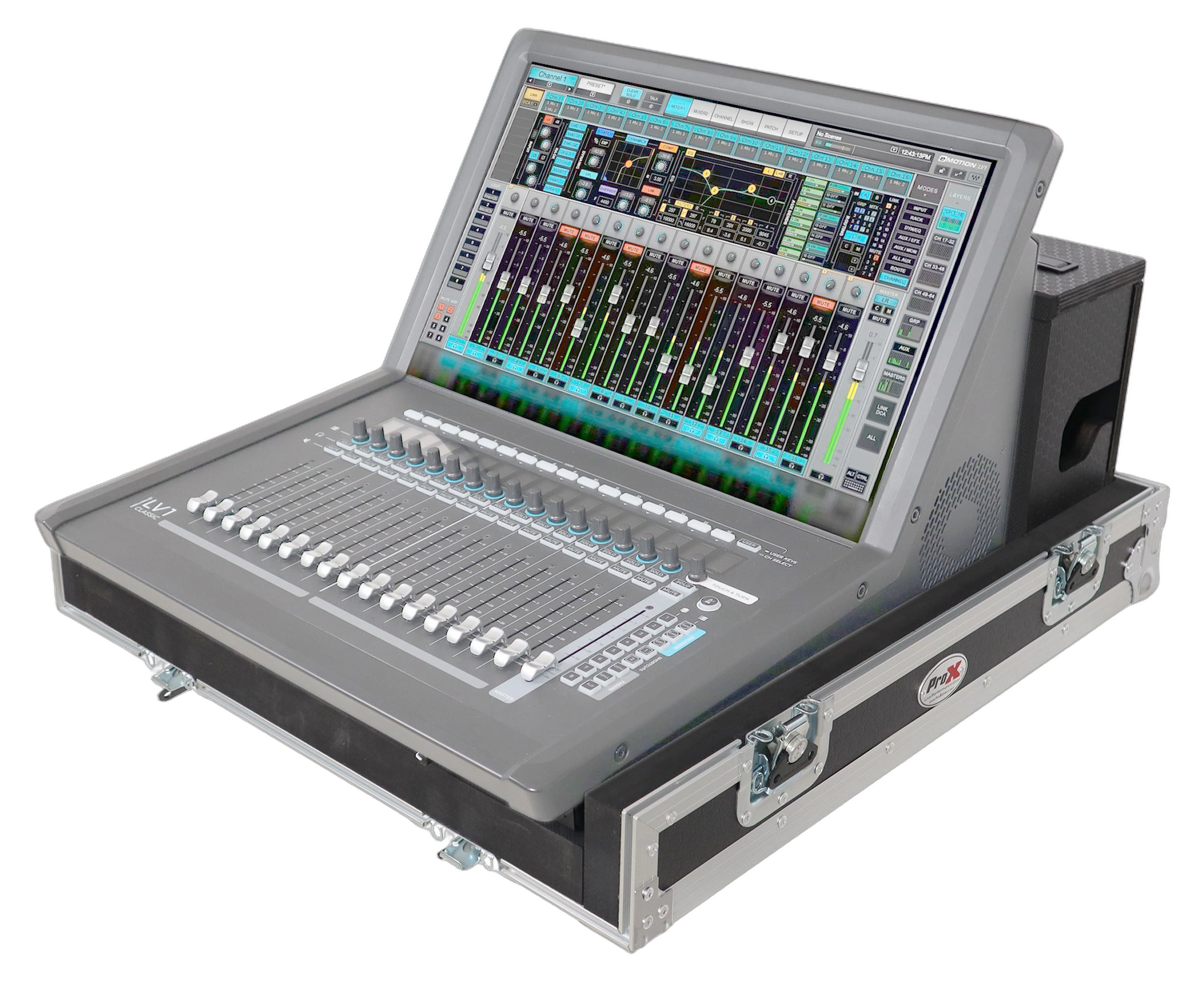 ProX ATA Flight Case Waves eMotion LV1 Mixer ProX ATA flight case for Waves eMotion LV1 digital audio mixer console with doghouse compartment and caster wheels