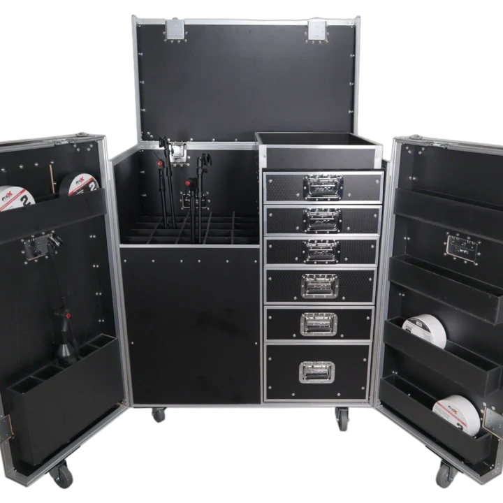 ProX ATA flight case with drawer combo for storing 25 professional microphone stands, front view