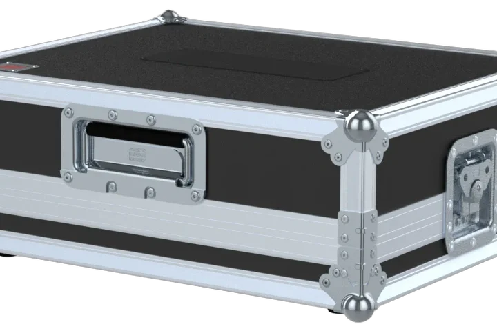ProX flight case for Blackmagic ATEM Television Studio Pro 4K mixer, side view showing handles and protective padding