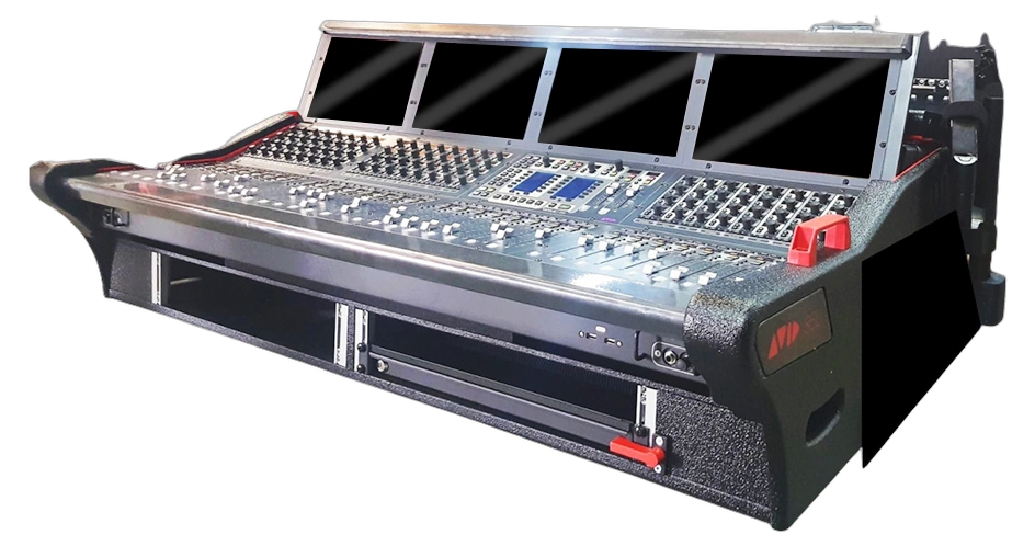 ProX Avid Venue S6L-32D Mixer Flight Case Rear Panel ProX Avid Venue S6L-32D flip-ready hydraulic console flight case rear panel with detachable carrying handles