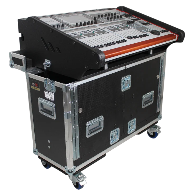 ProX Behringer Wing flip-ready hydraulic console flight case with wheels and retractable lifting mechanism