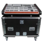 ProX Behringer Wing flight case showing hydraulic lifting mechanism and retractable design with wheels