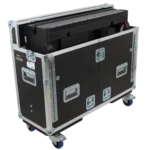 ProX Behringer Wing flight case rear panel showing hydraulic lifting mechanism and wheel assembly