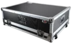 ProX flight case with low profile wheels positioned next to Behringer Wing digital mixer console in professional studio environment