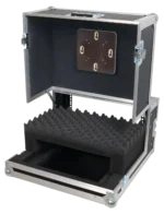 ProX flight case for Blackmagic ATEM 1 M/E camera control panel showing rear panel connections and cable management