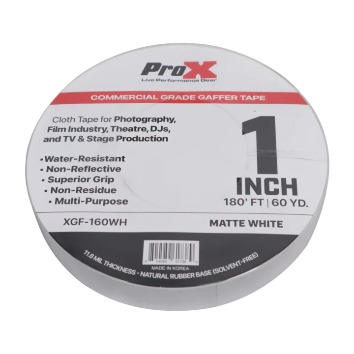 ProX 1 inch 180 feet matte white commercial grade gaffer tape roll with non-residue adhesive