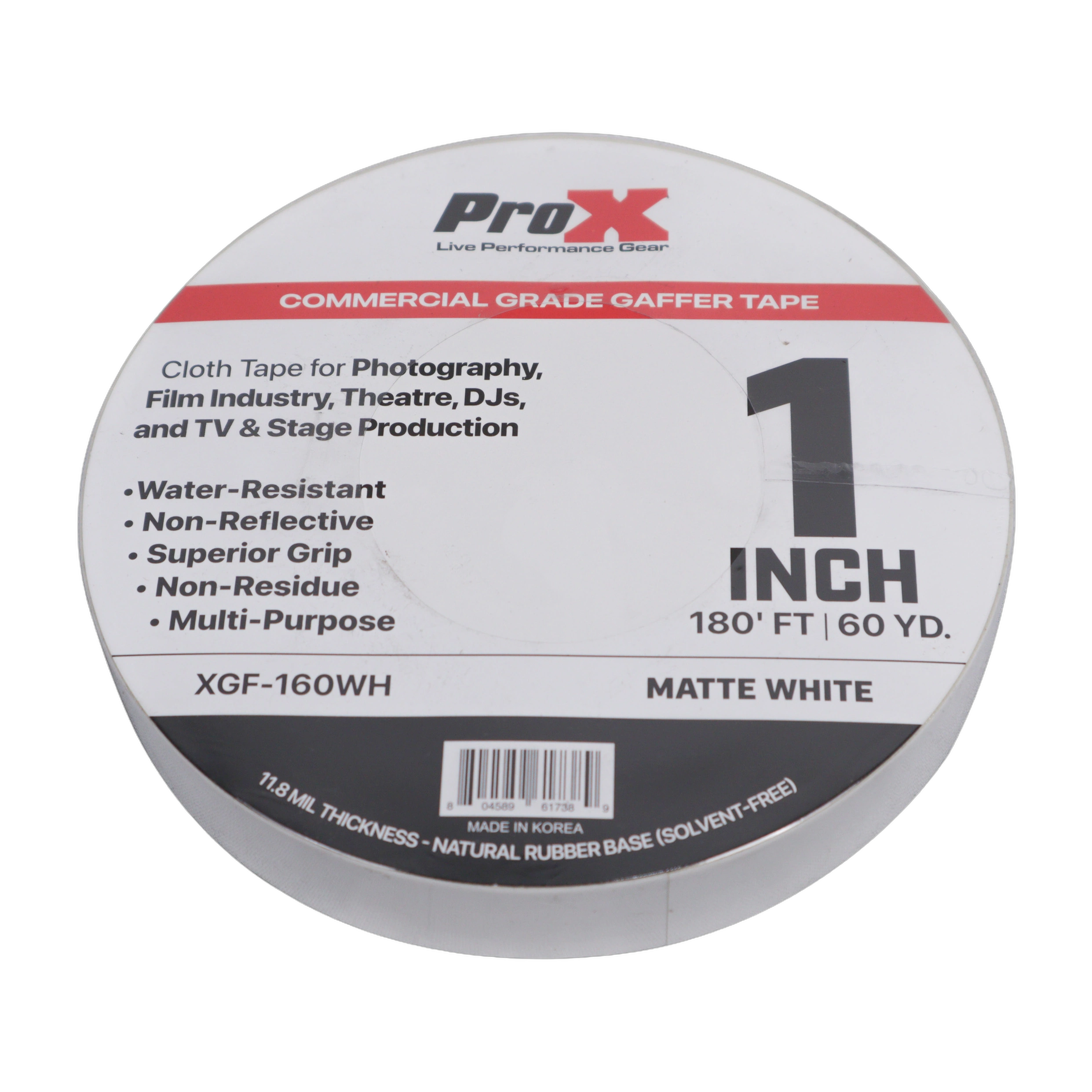 ProX Commercial Grade Gaffer Tape Roll Front View ProX 1 inch 180 feet matte white commercial grade gaffer tape roll with non-residue adhesive