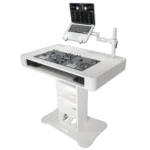 ProX Control Tower DJ podium white finish showing equipment mounting details and cable management system