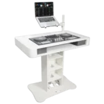 ProX Control Tower DJ podium dimensional diagram showing width depth height measurements white finish