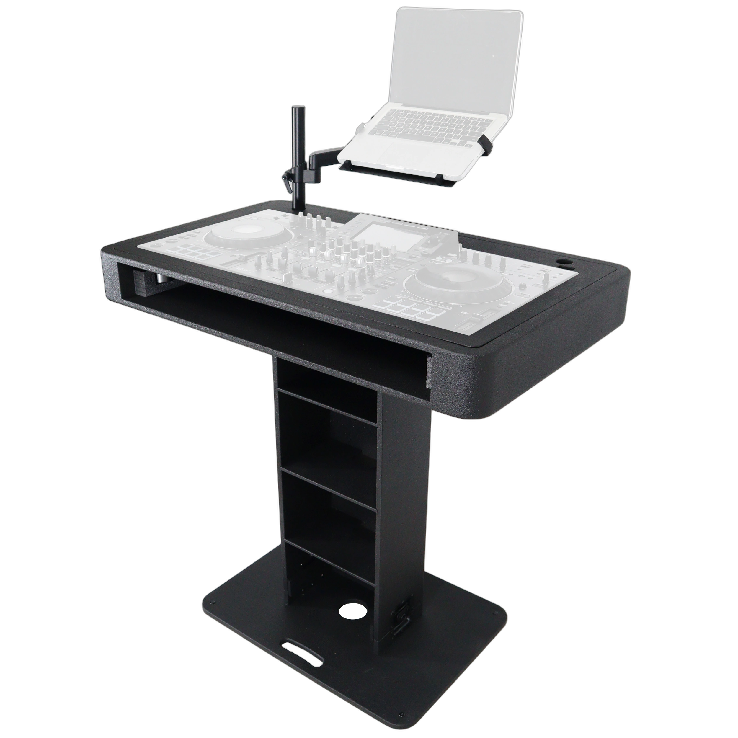 ProX Control Tower DJ Podium Black Finish Front View ProX Control Tower DJ podium black finish with integrated cable management and equipment mounting